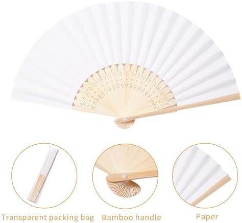 Sepwedd 50pcs White Paper Hand Fan Bamboo Folding Fan Handheld Paper Fan - Image 2