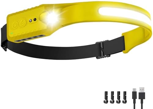 Nessciera Rechargeable LED Headlamp, 400 Lumens, 230° Wide Beam, USB-C, 5 Modes — Lightweight, Adjustable Headband; Hard Hat Clips for Camping, Hiking, Running, Repairs & Gift (1, Yellow) by Unknown