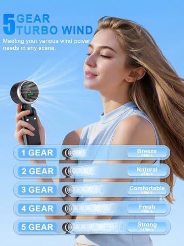 Portable Handheld Turbo Fan, 5 Gear Wind, Battery Operated, Up to 13 Working Hours Rechargeable Fan, 3 IN 1 Hand Fans with Air Turbo Tech Cooling Fan for for Travel, Beach, Outdoor - Black - Image 3