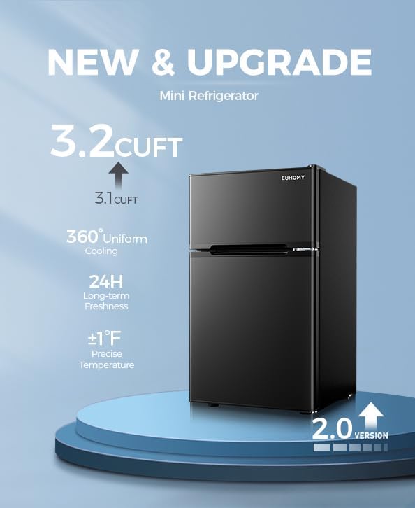 EUHOMY Mini Fridge with Freezer, 3.2 Cu.Ft Mini Refrigerator, Dorm Fridge with 2 Door For Bedroom/Apartment/Office-Food Storage Cooling Drink, New Black - Image 2