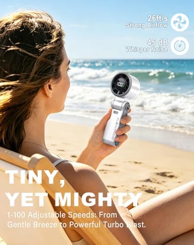 Portable Handheld Turbo Fan - 5 Speed Mini Personal Fan with Strong Airflow, Foldable 3 in 1 Rechargeable Battery Operated Trave Essentials Hand Fans for Indoor/Outdoor Use, White - Image 2