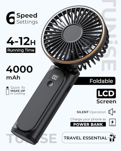 TUNISE Portable Handheld Fan, Portable Fan Rechargeable, 4000mAh, 180° Adjustable, 6 Speed Wind, Display Electricity in Real Time, USB Rechargeable Foldable F an, Quiet Personal Fan as Power Bank - Image 2