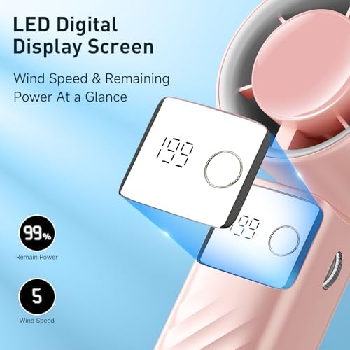 YOSHENMO Portable Handheld Turbo Fan - Foldable Mini Fan with Air Turbo Tech, 1-199 Speed Adjustment, 20H Runtime, LED Display, Battery-Powered for Indoor/Outdoor Use Nude Pink - Image 5
