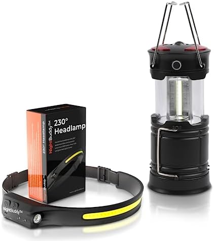 Night Buddy LED Headlamp Rechargeable Flashlight for Adults Camping Essentials Backpacking Lights 4X Brighter Other Headlight Headband Lamp 5 Light Modes Hiking Gear Must Haves (Headlamp + Lantern) by NightBuddy
