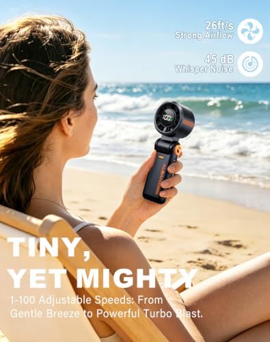 Portable Handheld Turbo Fan - 5 Speed Mini Personal Fan with Strong Airflow, Foldable 3 in 1 Rechargeable Battery Operated Trave Essentials Hand Fans for Indoor/Outdoor Use, Black - Image 2