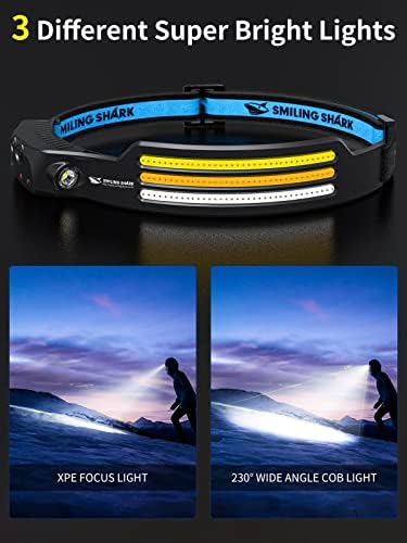 Smiling Shark LED Headlamp, 230°Wide Angle 3*Multi-Color Light Strips The Brightest Head Lamp Rechargeable with Motion Sensor Waterproof Headlight for Camping Hiking Outdoor, Head-Lamp-LED-Hat-Light - Image 2