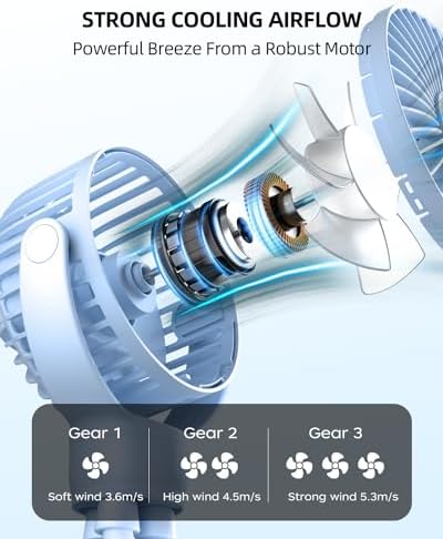 buywoo Portable Stroller Mini Fan, Small Rechargeable Personal Fan, Travel Essentials for Baby, Wagon, Car Seat, Treadmill, Battery Powered Biking Gear Accessories, 360° Rotation, 3-Speed, Display - Image 3