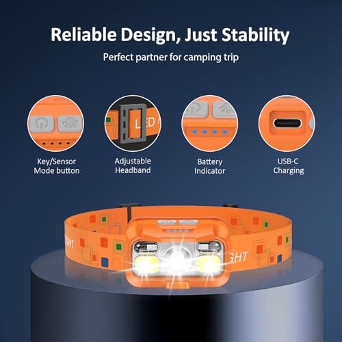 LHKNL Headlamp Rechargeable, Lumen Super Bright Motion Sensor Head Lamp Flashlight,2-Pack Waterproof LED Headlight with White Red Light,8 Modes Head Lights for Camping Cycling Running Fishing-Orange - Image 4