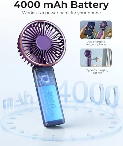 TUNISE Portable Handheld Fan, 4000mAh, 180 Adjustable, 6 Speed Wind, USB Rechargeable Foldable Fan with Real-Time Electricity Display - Image 4