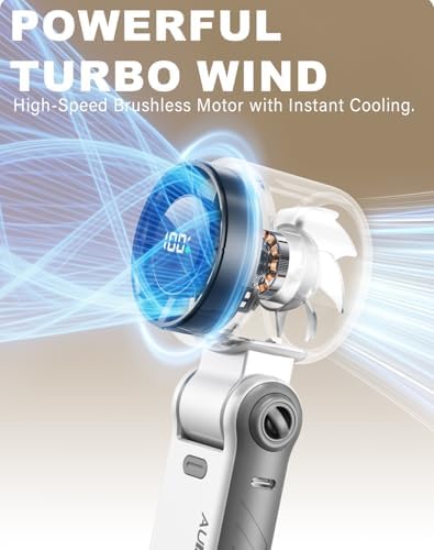 Portable Handheld Turbo Fan - 5 Speed Mini Personal Fan with Strong Airflow, Foldable 3 in 1 Rechargeable Battery Operated Trave Essentials Hand Fans for Indoor/Outdoor Use, White - Image 6