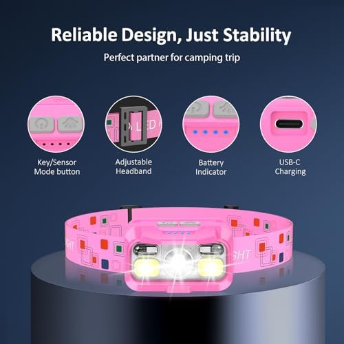 LHKNL Headlamp Rechargeable, Lumen Super Bright Motion Sensor Head Lamp Flashlight,2-Pack Waterproof LED Headlight with White Red Light,8 Modes Head Lights for Camping Cycling Running Fishing-Pink - Image 4
