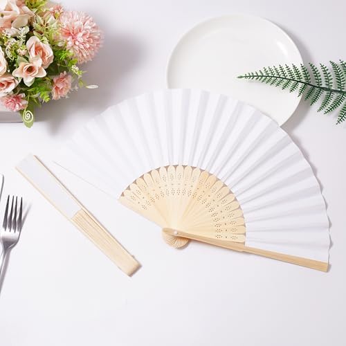 Sepwedd 50pcs White Paper Hand Fan Bamboo Folding Fan Handheld Paper Fan - Image 4
