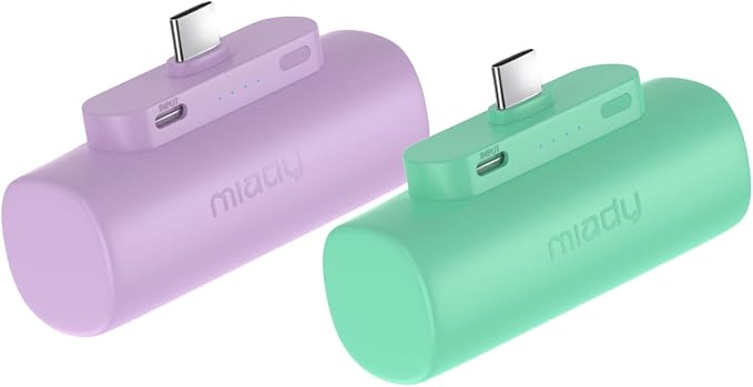 Miady 2-Pack 5000mAh Mini Portable Charger with Built-in Type C Connector, 5V 2.4A USB-C Output Fast Charging Small Power Bank Compatible with iPhone 17/16 Galaxy S24/S22 (Lake Green+Clove Purple) by Miady