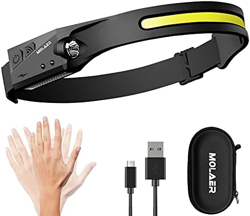 Rechargeable LED Headlamp, 230° Illumination Headlight with Motion Sensor, Lightweight, Weatherproof, 2 Light Source Head Lamp Flashlight for Camping, Hiking, Running, Outdoor - Adults and Kids by MOLAER