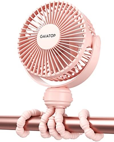 Gaiatop Mini Portable Stroller Fan, Battery Operated Small Clip on Fan, Detachable 3 Speed Rechargeable 360° Rotate Flexible Tripod Handheld Desk Cooling Fan for Car Seat Crib Treadmill Travel Pink by GAIATOP