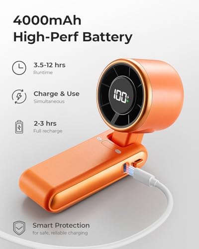 Portable Handheld Turbo Fan - 5 Gear High Speed 4000mAh Rechargeable Mini Personal Hand Fan Blow Cold Air, Battery Operated Travel Essentials, Gifts for Women, Men (Cosmic Orange) - Image 5