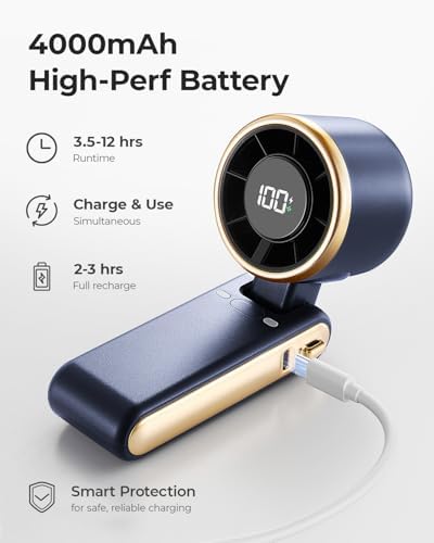 Portable Handheld Turbo Fan - 5 Gear High Speed 4000mAh Rechargeable Mini Personal Hand Fan Blow Cold Air, Battery Operated Travel Essentials, Beach Vacation, Gifts for Women, Men (Navy Blue) - Image 5