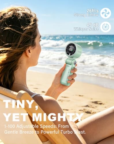 Portable Handheld Turbo Fan - 5 Speed Mini Personal Fan with Strong Airflow, Foldable 3 in 1 Rechargeable Battery Operated Trave Essentials Hand Fans for Indoor/Outdoor Use, Green - Image 2