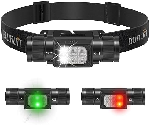 BORUIT HP360 LED Rechargeable Headlamp with White Green Red Light,Super Bright Head Lamp Flashlight,IP67 Waterproof,7 Working Modes,Suitable for Adults Running Camping Hiking Fishing by BORUIT