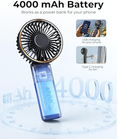 TUNISE Portable Handheld Fan, Portable Fan Rechargeable, 4000mAh, 180° Adjustable, 6 Speed Wind, Display Electricity in Real Time, USB Rechargeable Foldable F an, Quiet Personal Fan as Power Bank - Image 4