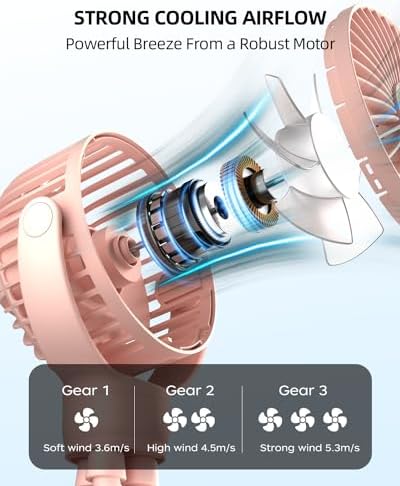 Portable Stroller Mini Fan, Small Rechargeable Personal Fan, Travel Essentials for Baby, Wagon, Car Seat, Treadmill, Battery Powered Biking Gear Accessories, 360° Rotation, 3-Speed, Display, Pink - Image 3