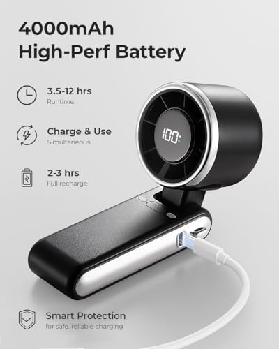 Portable Handheld Turbo Fan - 5 Gear High Speed 4000mAh Rechargeable Mini Personal Hand Fan Blow Cold Air, Battery Operated Travel Essentials, Beach Vacation, Gifts for Women, Men (Black) - Image 5