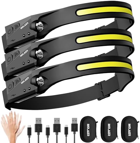 Headlamp Rechargeable, 230° Wide Beam Head Lamp, Motion Sensor LED Head lamp, 5 Modes Headlamps for Adults, Bright Head Lights for Forehead, Outdoor Camping Headlight by MOLAER