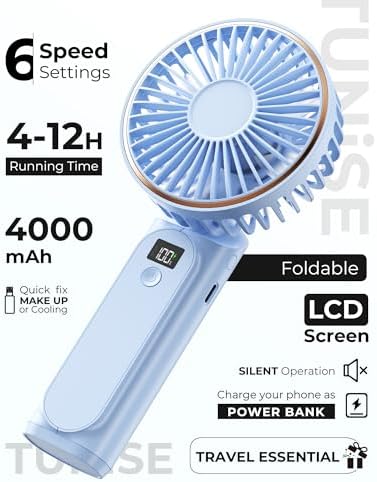 TUNISE Portable Handheld Fan, Portable Fan Rechargeable, 4000mAh, 180° Adjustable, 6 Speed Wind, Display Electricity in Real Time, USB Rechargeable Foldable Fan, Quiet Personal Fan as Power Bank - Image 2