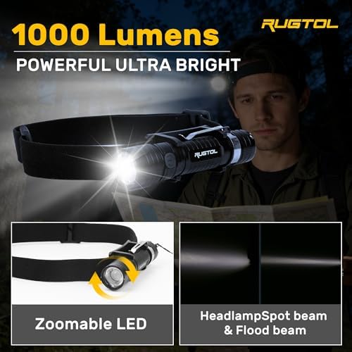 Rugtol Headlamp, USB C Rechargeable Battery Powered Head Lamp LED Flashlight with Clip Magnetic Base, 1000 Lumens Zoomable Aluminum Headlamp IPX4 Waterproof for Hard Hat Working Running Hiking - Image 3