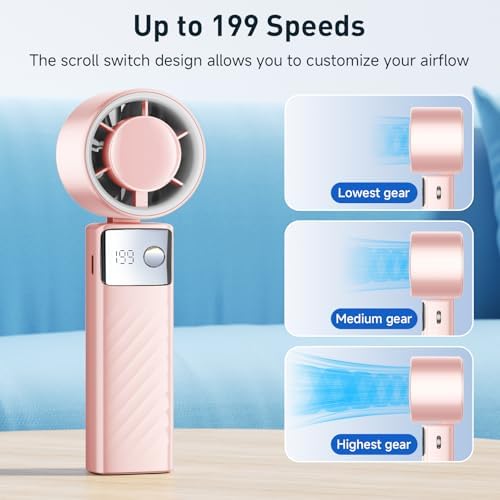 YOSHENMO Portable Handheld Turbo Fan - Foldable Mini Fan with Air Turbo Tech, 1-199 Speed Adjustment, 20H Runtime, LED Display, Battery-Powered for Indoor/Outdoor Use Nude Pink - Image 3