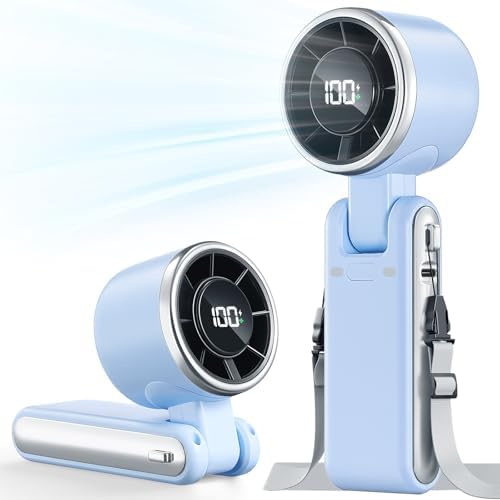 Portable Handheld Turbo Fan - 5 Gear High Speed 4000mAh Rechargeable Mini Personal Hand Fan Blow Cold Air, Battery Operated Travel Essentials, Gifts for Women, Men (Dew Drop Blue) by BEARWIND