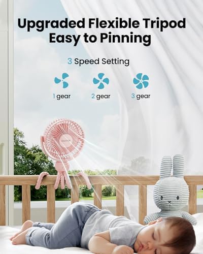 Gaiatop Mini Portable Stroller Fan, Battery Operated Small Clip on Fan, Detachable 3 Speed Rechargeable 360° Rotate Flexible Tripod Handheld Desk Cooling Fan for Car Seat Crib Treadmill Travel Pink - Image 3