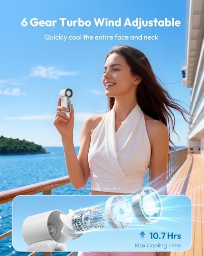 Gaiatop Portable Handheld Mini Fan, 6 Speeds 16900 RPM High Velocity Personal Fan with LED Display, USB Rechargeable, Mini Fan with Lanyard for Makeup, Travel, Outdoor Fan for Women Girl Gift, White - Image 2