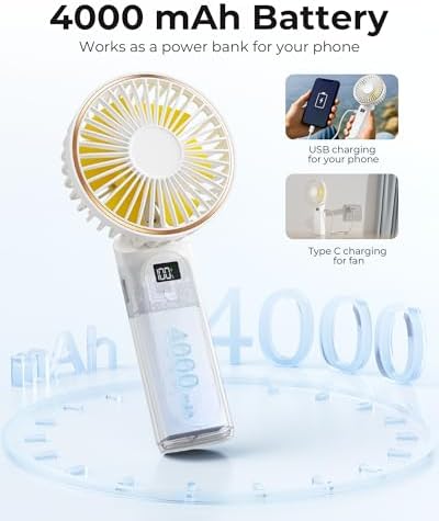 TUNISE Portable Handheld Fan, Portable Fan Rechargeable, 4000mAh, 180° Adjustable, 6 Speed Wind, Display Electricity in Real Time, USB Rechargeable Foldable F an, Quiet Personal Fan with Power Bank - Image 4