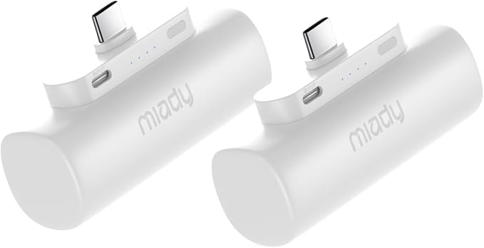 Miady 2-Pack 5000mAh Mini Portable Charger with Built-in Type C Connector, 5V 2.4A USB-C Output Fast Charging Small Power Bank Compatible with iPhone 17/16 Galaxy S24/S22 iPad (2 White) by Miady