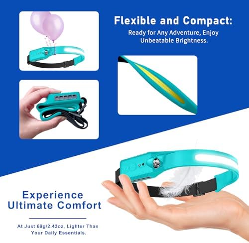 Nessciera Rechargeable LED Headlamp (Blue), 400 Lumens, 230° Wide Beam, USB-C, IPX4, 5 Modes — Lightweight, Adjustable Headband; Hard Hat Clips for Camping, Hiking, Running & Repairs, Gift - Image 2