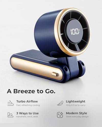 Portable Handheld Turbo Fan - 5 Gear High Speed 4000mAh Rechargeable Mini Personal Hand Fan Blow Cold Air, Battery Operated Travel Essentials, Beach Vacation, Gifts for Women, Men (Navy Blue) - Image 2