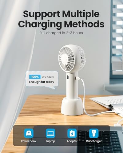 Gaiatop Mini Portable Fan, Small and Powerful, Cute Design 3 Speed Personal Handheld fan and Desktop with Base, Lightweight USB Rechargeable for Travel Lash Makeup Girl Women Summer Gift White - Image 6