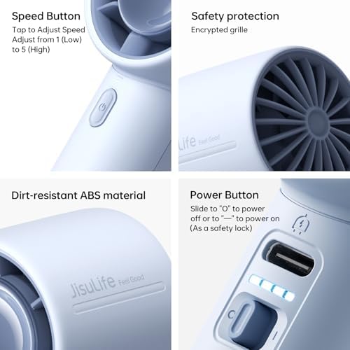 JISULIFE Portable Handheld Fan, 4000mAh Rechargeable, 5-Speed - Blue - Image 6