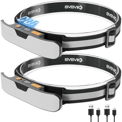 svsviio K0206*2PCS 1500 Lumens Rechargeable LED Headlamp,Super Bright 230° Wide Beam Head lamp,3 Modes,Lightweight,IPX5,Head Lights for Forehead,Hard Hat Flashlight for Adults Camping Essentials Gear by BORNFORTHEBEST