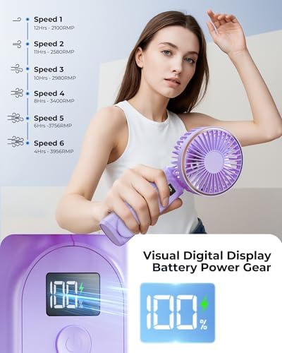 TUNISE Portable Handheld Fan, 4000mAh, 180 Adjustable, 6 Speed Wind, USB Rechargeable Foldable Fan with Real-Time Electricity Display - Image 5