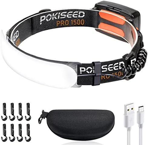 LED Headlamp Rechargeable, Super Bright 1500 Lumens 230° Wide Beam Headlamp, 3 Modes IPX6 Waterproof Lightweight Head Light with Taillight & Clips for Camping, Running,Fishing, Outdoors, Hard Hat Work by Pokiseed