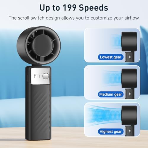 YOSHENMO Portable Handheld Turbo Fan - Foldable Mini Fan with Air Turbo Tech, 1-199 Speed Adjustment, 20H Runtime, LED Display, Battery-Powered for Indoor/Outdoor Use, Dark Black - Image 3