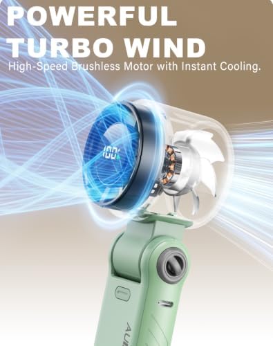Portable Handheld Turbo Fan - 5 Speed Mini Personal Fan with Strong Airflow, Foldable 3 in 1 Rechargeable Battery Operated Trave Essentials Hand Fans for Indoor/Outdoor Use, Green - Image 6