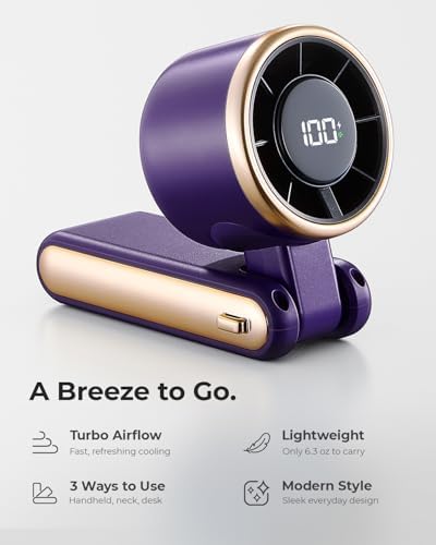 Portable Handheld Turbo Fan - 5 Gear High Speed 4000mAh Rechargeable Mini Personal Hand Fan Blow Cold Air, Battery Operated Travel Essentials, Beach Vacation, Gifts for Women, Men (Purple) - Image 2