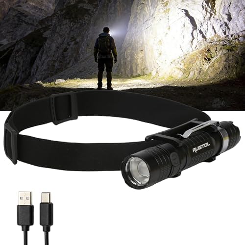Rugtol Headlamp, USB C Rechargeable Battery Powered Head Lamp LED Flashlight with Clip Magnetic Base, 1000 Lumens Zoomable Aluminum Headlamp IPX4 Waterproof for Hard Hat Working Running Hiking by Rugtol