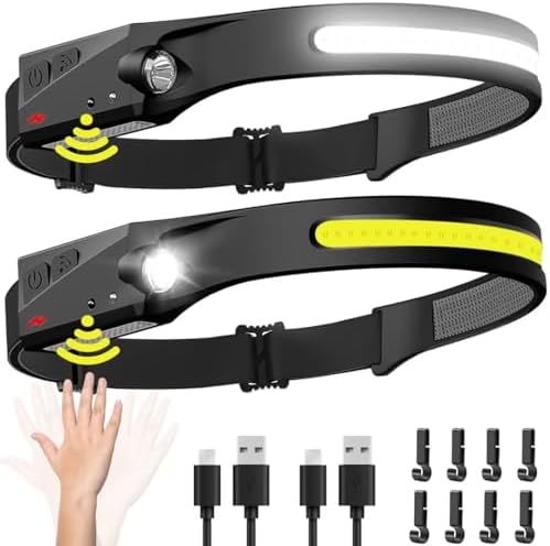 Headlamp Rechargeable 2PCS, 230° Wide Beam Head Lamp LED with Motion Sensor for Adults - Camping Accessories Gear, Waterproof Head Light Flashlight for Hiking, Running, Repairing, Fishing, Cycling by BIAT