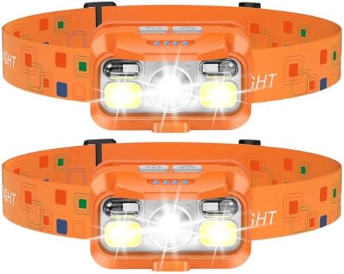LHKNL Headlamp Rechargeable, Lumen Super Bright Motion Sensor Head Lamp Flashlight,2-Pack Waterproof LED Headlight with White Red Light,8 Modes Head Lights for Camping Cycling Running Fishing-Orange by LHKNLHOME