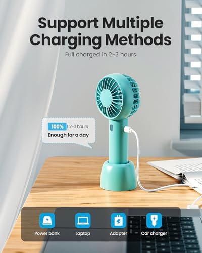Gaiatop Mini Portable Fan, Small and Powerful, Cute Design 3 Speed Personal Handheld fan and Desktop with Base, Lightweight USB Rechargeable for Travel Lash Makeup Girl Women Summer Gift Green - Image 6