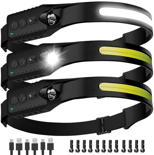 Headlamp Rechargeable (3-Pack), LED Head Lamp Flashlight, 230° Wide Beam Headband Light, 400 Lumen Super Bright, USB-C Rechargeable Lightweight Headlight for Running, Fishing, Hiking, Camping by Unknown